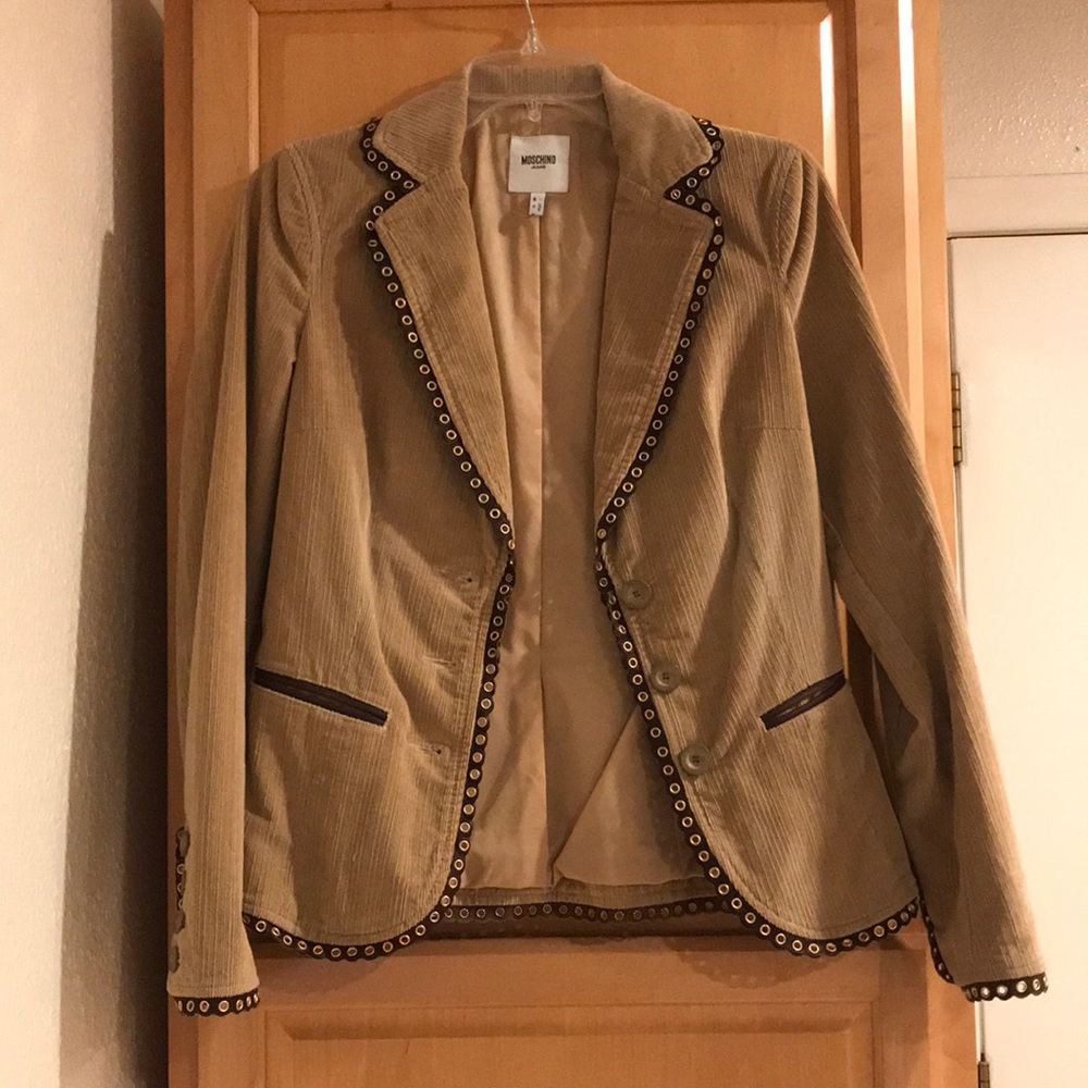 Vintage Moschino tan and brown leather trim corduroy jacket size 6 NWOT